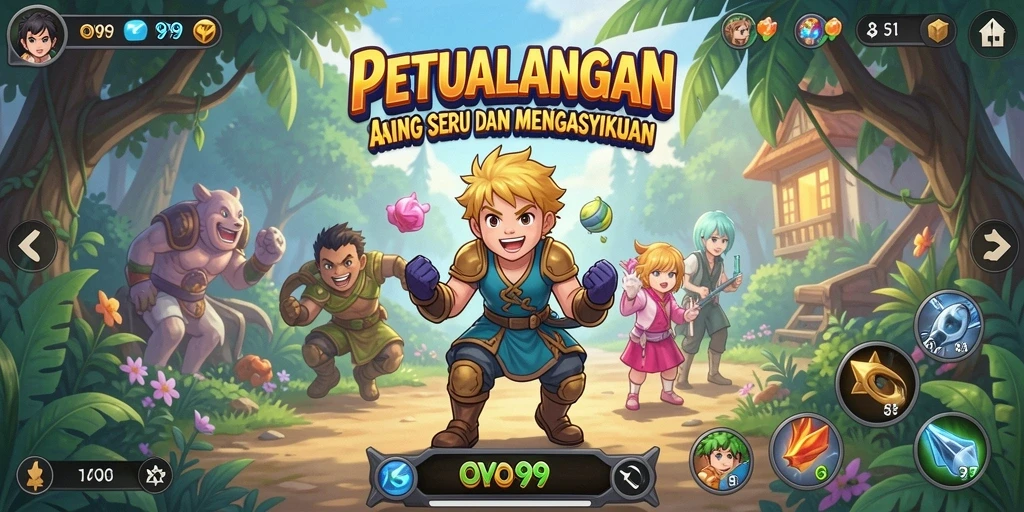 Tampilan gameplay OVO99 yang menampilkan pertarungan karakter anime.